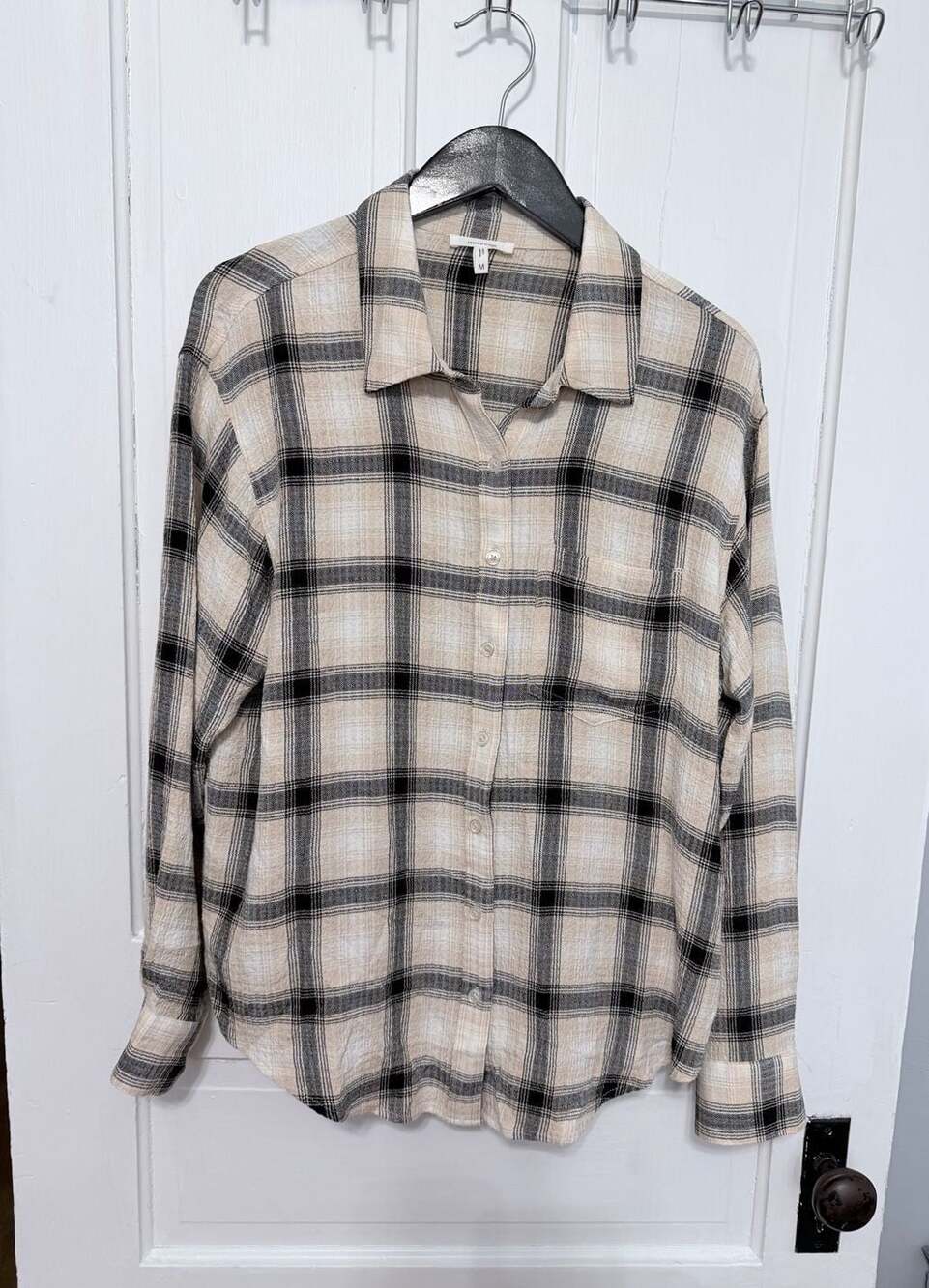 Maurices Women's Beige and Black Plaid Long Sleeve Button-Down Shirt M